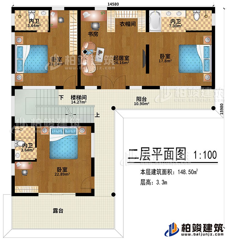 二層：樓梯間、3臥室、起居室、3內衛、衣帽間、露臺、書房、陽臺
