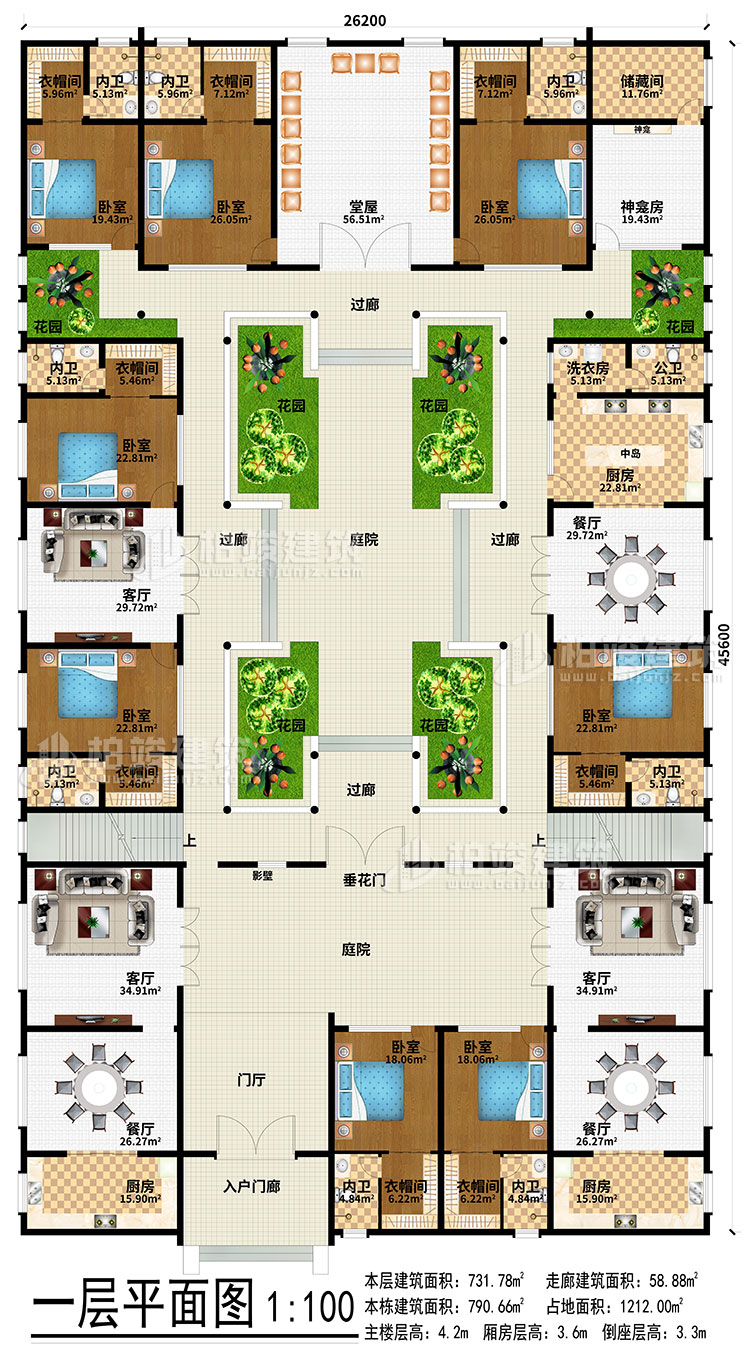 一層：入戶門廊、門廳、3餐廳、3廚房、3客廳、堂屋、神龕、神龕房、儲物間、6花園、4過廊、2庭院、影壁、垂花門、中島、洗衣房、公衛(wèi)、8臥室、8衣帽間、8內(nèi)衛(wèi)