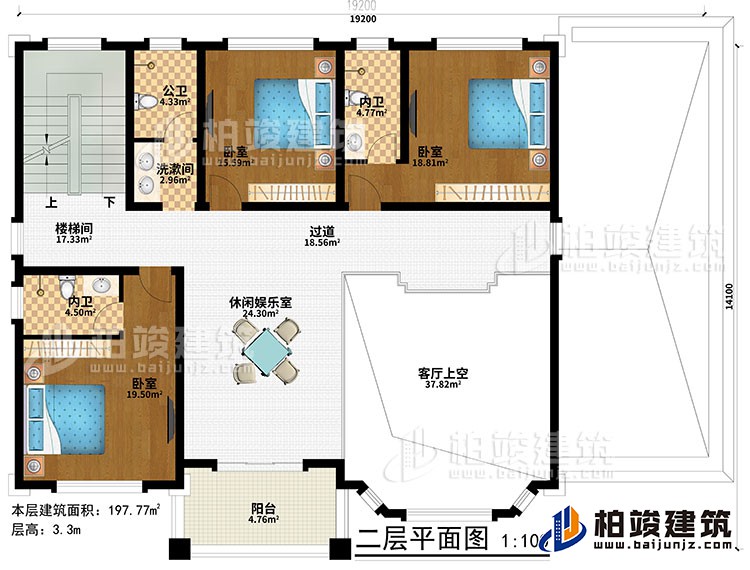 一層：休閑娛樂(lè)室、樓梯間、客廳上空、過(guò)道、3臥室、洗漱間、公衛(wèi)、2內(nèi)衛(wèi)、陽(yáng)臺(tái)