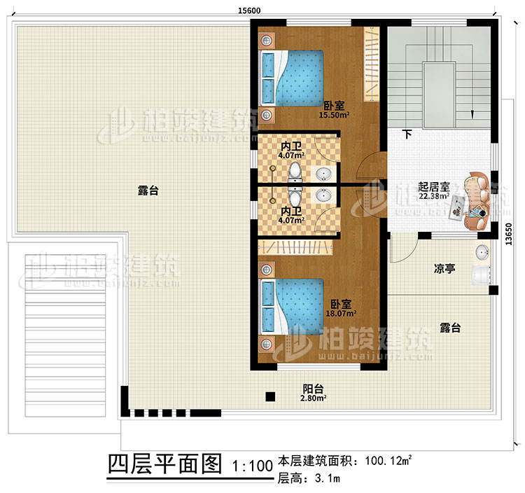四層：起居室、2臥室、2內衛、涼亭、陽臺、2露臺