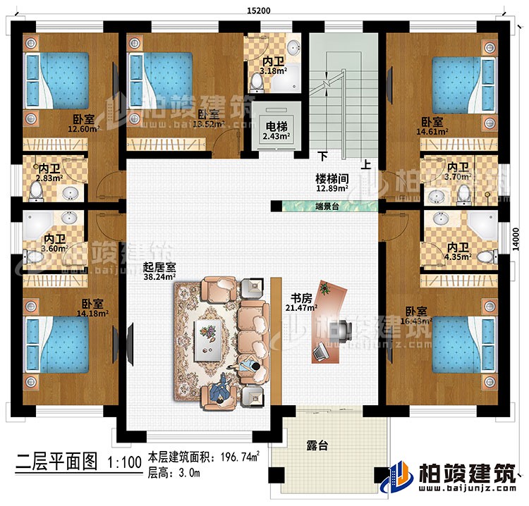 二層：樓梯間、端景臺、起居室、書房、5臥室、電梯、5內(nèi)衛(wèi)、露臺