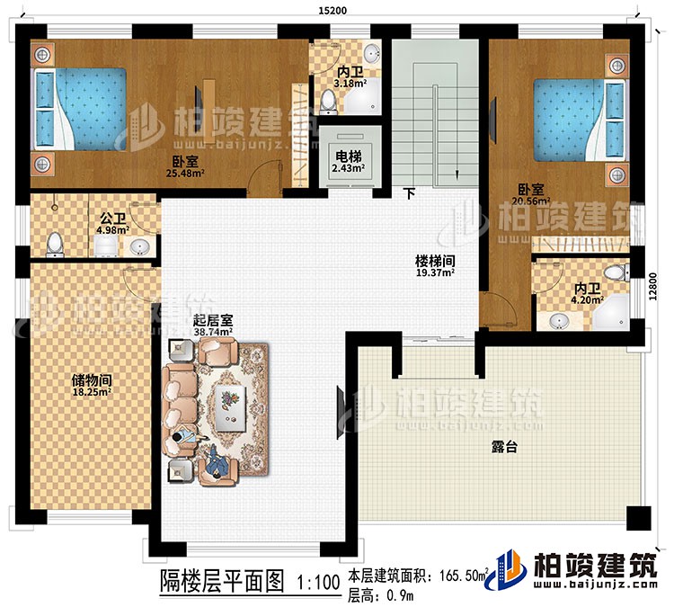 閣樓：2臥室、電梯、樓梯間、起居室、儲物間、公衛(wèi)、2內(nèi)衛(wèi)、露臺