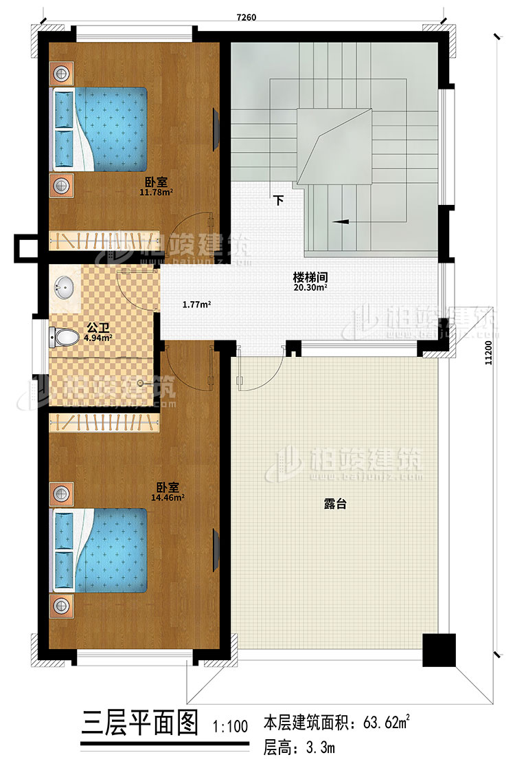 三層：2臥室、樓梯間、公衛(wèi)、露臺