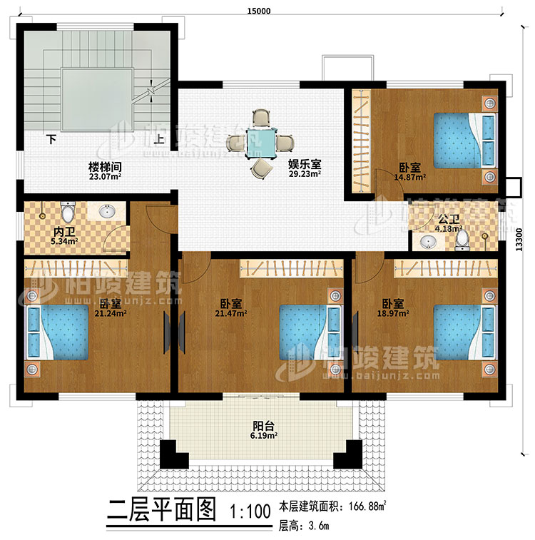 二層：樓梯間、娛樂室、4臥室、公衛(wèi)、內衛(wèi)、陽臺
