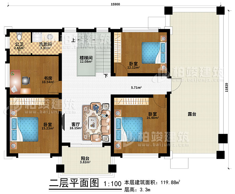 二層：客廳、樓梯間、3臥室、書(shū)房、洗漱間、公衛(wèi)、露臺(tái)、陽(yáng)臺(tái)