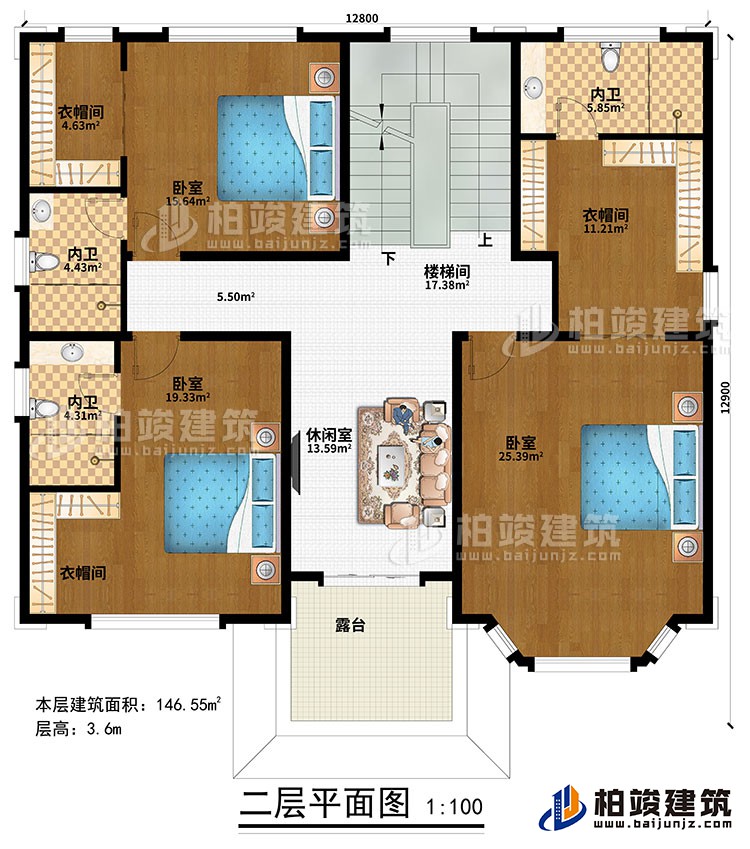 二層：樓梯間、休閑室、3臥室、3衣帽間、3內(nèi)衛(wèi)、露臺