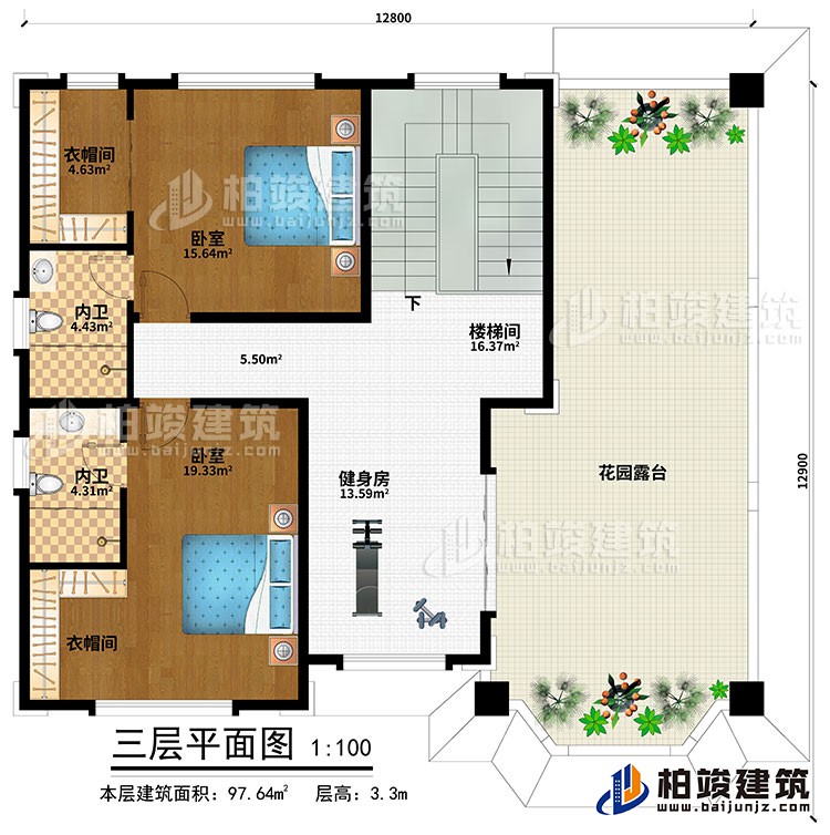 三層：健身房、樓梯間、2臥室、2衣帽間、2內(nèi)衛(wèi)、花園露臺