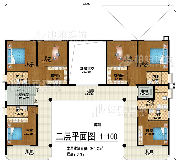 二層：堂屋挑空、過廊、樓梯間、電梯、4臥室、2衣帽間、2書房、4內衛、公衛、2陽臺