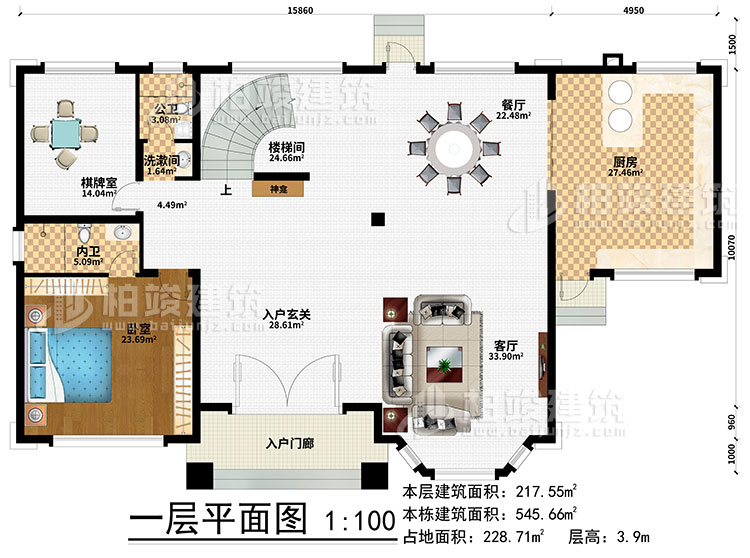 一層：樓梯間、3臥室、衣帽間、公衛(wèi)、內(nèi)衛(wèi)、陽(yáng)光房、涼亭、2露臺(tái)