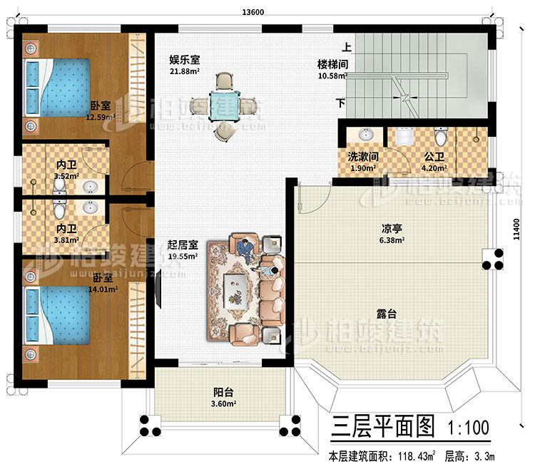 三層：起居室、娛樂室、樓梯間、2臥室、洗漱間、公衛、2內衛、涼亭、陽臺、露臺