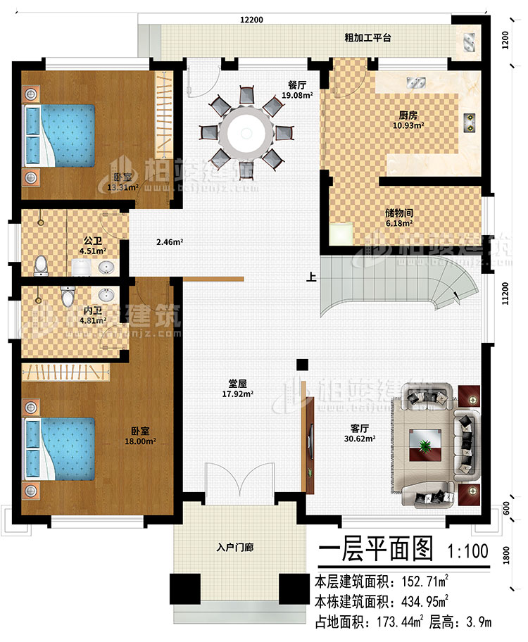 一層：入戶門廊、堂屋、客廳、餐廳、廚房、儲物間、2臥室、公衛(wèi)、內衛(wèi)、粗加工平臺