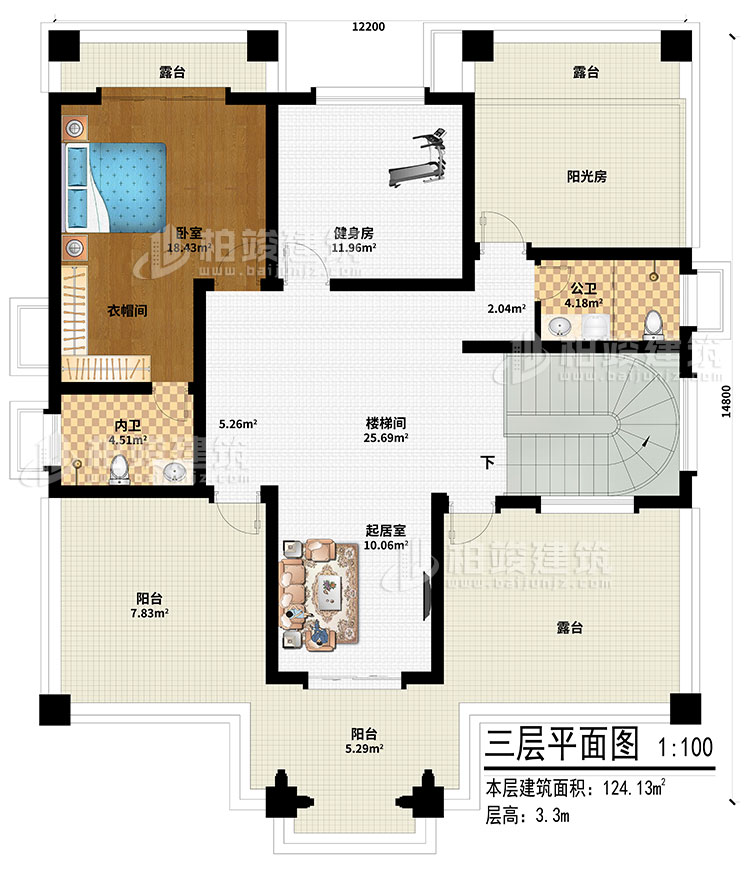 三層：起居室、樓梯間、健身房、陽光房、臥室、衣帽間、內衛(wèi)、公衛(wèi)、2陽臺、3露臺