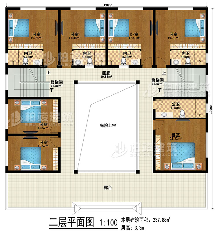 二層：回廊、露臺、庭院上空、2樓梯間、7臥室、4內(nèi)衛(wèi)、公衛(wèi)