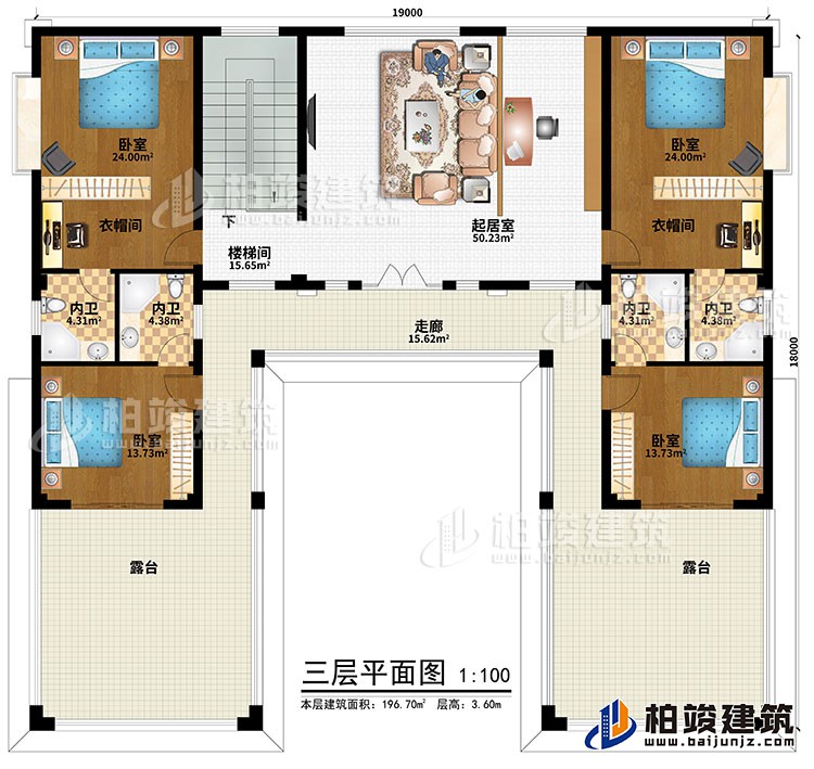 三層：樓梯間、起居室、走廊、4臥室、4內衛(wèi)、2露臺