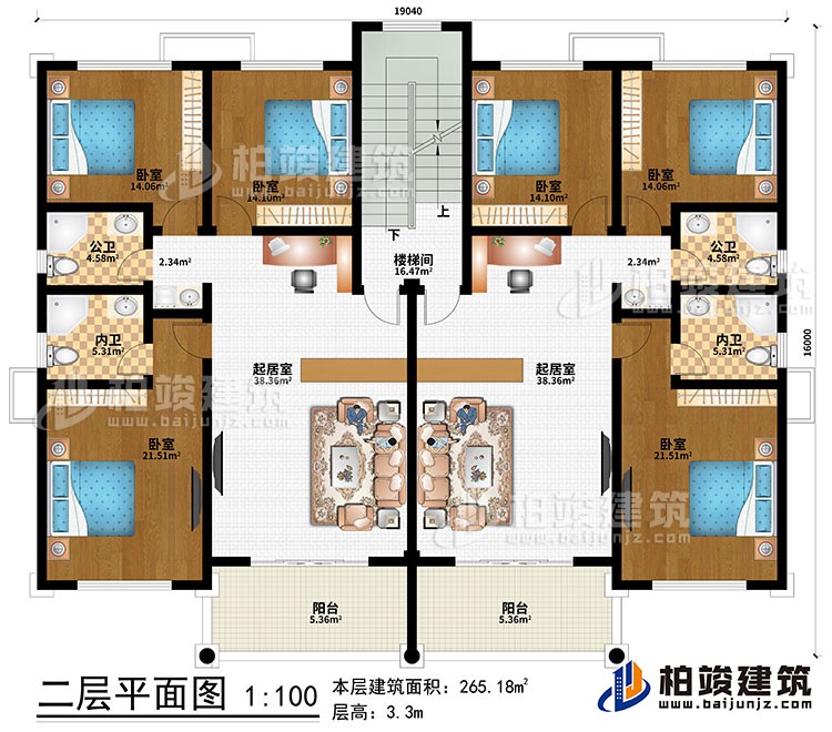 二層：2起居室、樓梯間、6臥室、2公衛(wèi)、2內(nèi)衛(wèi)、2陽臺