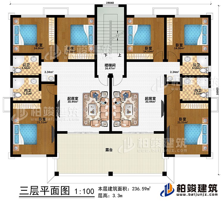 三層：2起居室、樓梯間、6臥室、2公衛(wèi)、2內(nèi)衛(wèi)、露臺