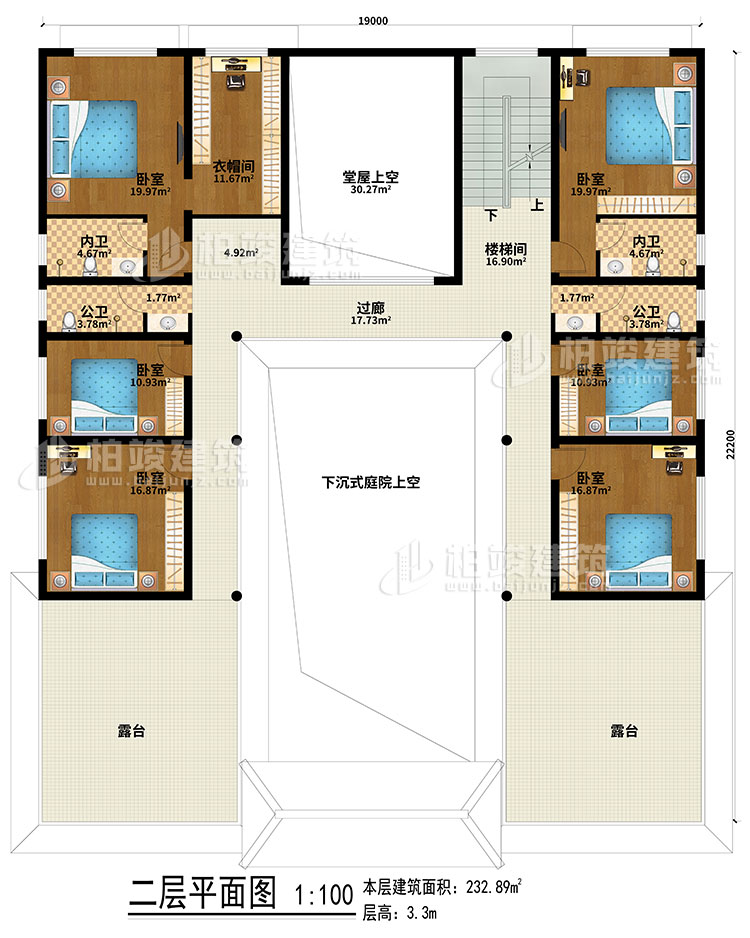 二層：下沉式庭院上空、堂屋上空、樓梯間、過廊、6臥室、衣帽間、2公衛、2內衛、露臺