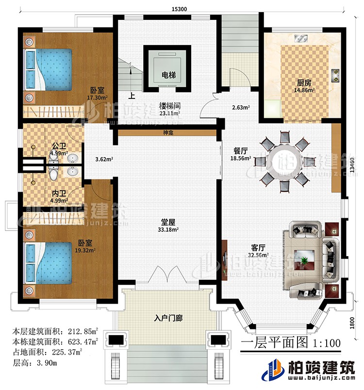 一層：入戶門廊、堂屋、神龕、客廳、餐廳、廚房、樓梯間、電梯、2臥室、公衛、內衛