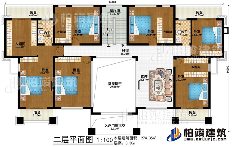 二層：堂屋挑空、入戶門廊挑空、客廳、過道、樓梯間、6臥室、4衣帽間、公衛(wèi)、內(nèi)衛(wèi)、4陽臺