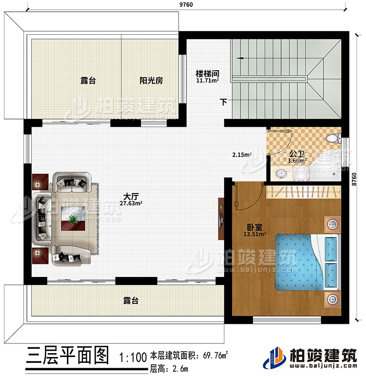 三層：樓梯間、大廳、臥室、公衛(wèi)、陽(yáng)光房、2露臺(tái)