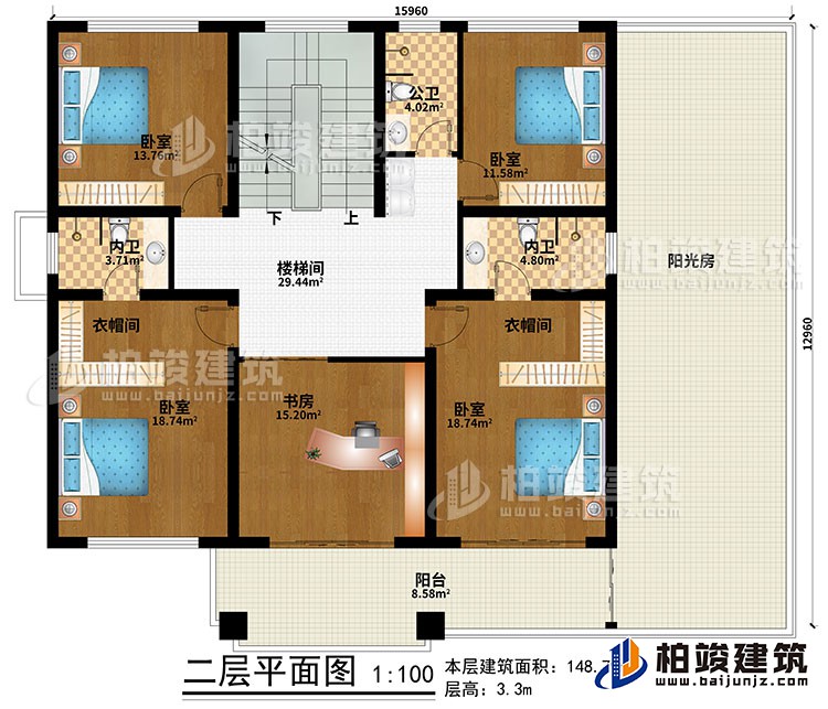 二層：樓梯間、4臥室、書房、2衣帽間、公衛(wèi)、2內(nèi)衛(wèi)、陽臺、陽光房