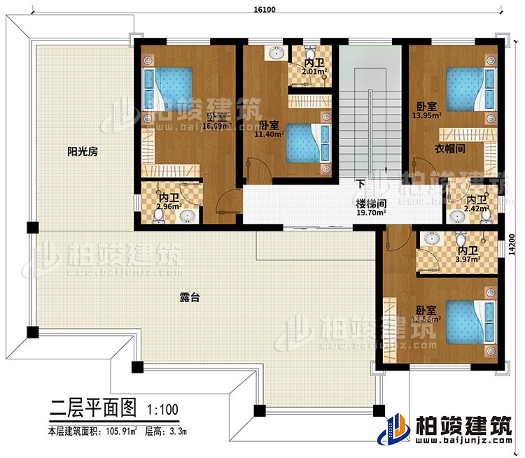 二層：4臥室、衣帽間、樓梯間、4內(nèi)衛(wèi)、陽光房、露臺(tái)