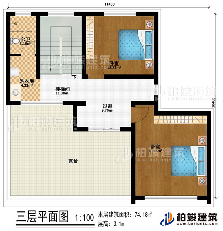 三層：過道、樓梯間、2臥室、公衛、洗衣房、露臺