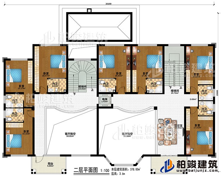 二層：2樓梯間、2客廳挑空、起居室、7臥室、7內衛、電梯、2陽臺