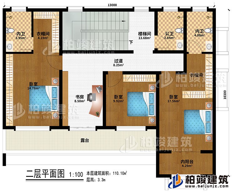 二層：樓梯間、過道、書房、3臥室、2衣帽間、2內(nèi)衛(wèi)、公衛(wèi)、露臺(tái)、內(nèi)陽臺(tái)