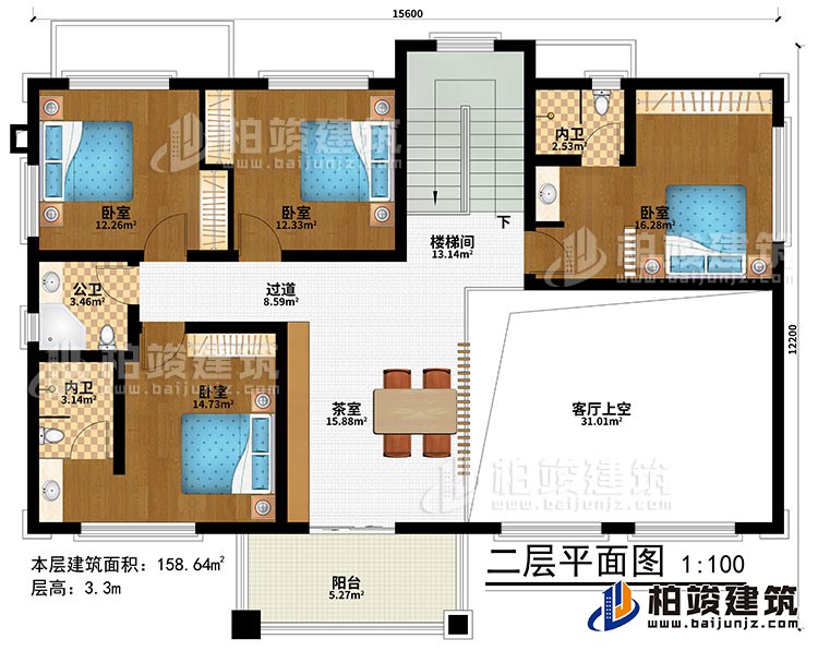 二層：樓梯間、茶室、客廳上空、4臥室、過道、公衛、2內衛、陽臺